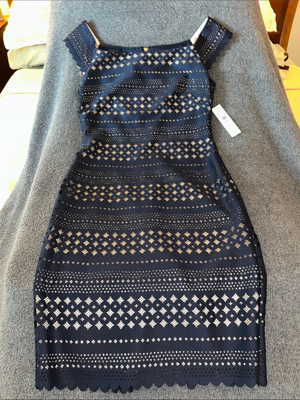 Eliza J Navy Eyelet Midi Sheath Dress with Scalloped Edges